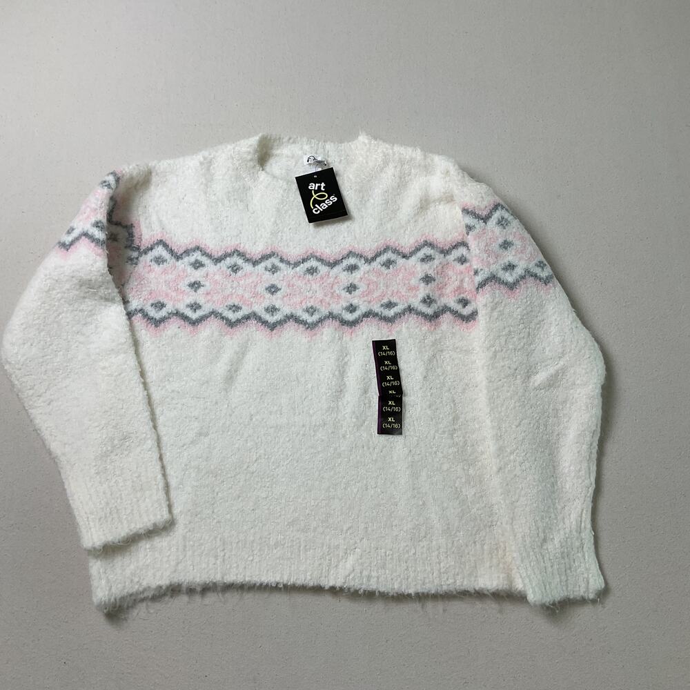 Art Class Fuzzy Fair Isle Sweater Cream Pink Grey Eyelash Knit Girls XL NWT
